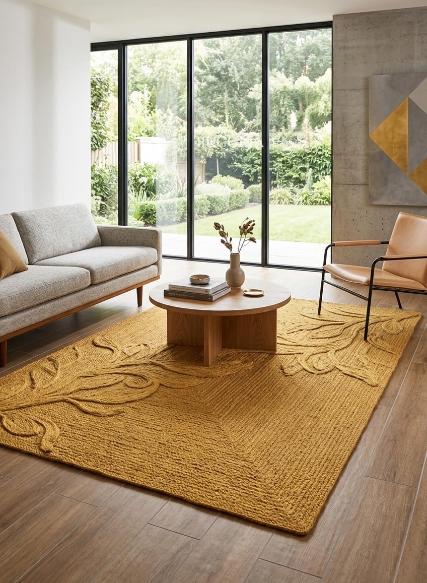Handwoven Jute Rug with Textured Floral Border Design, Natural Fiber Rug