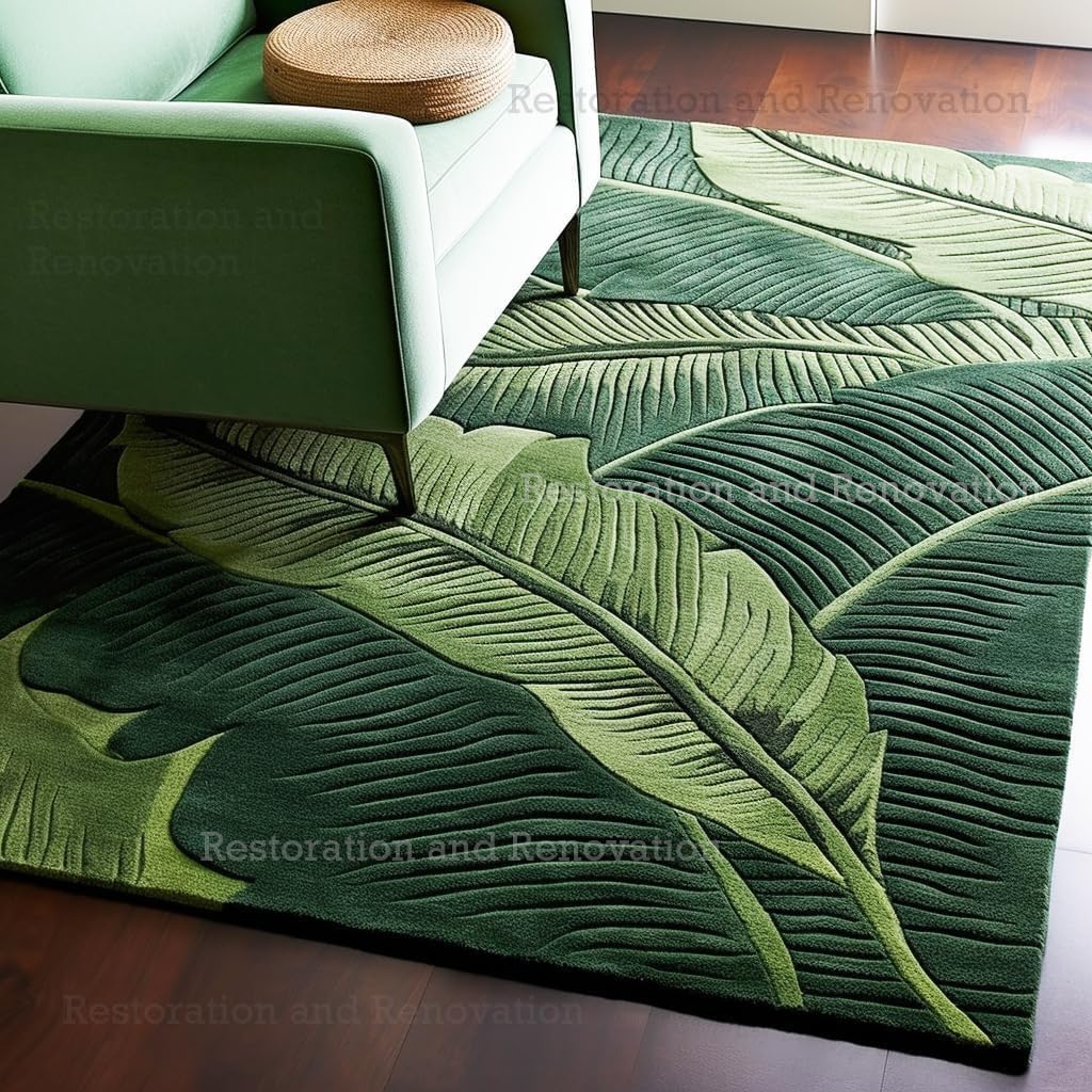Green Banana Leaf Pattern Wool Rug – Hand-Tufted Botanical Design