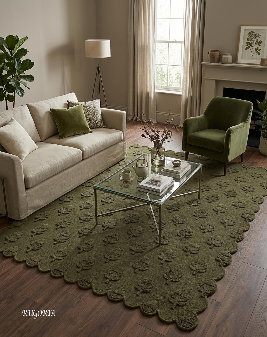 Hand Tufted Wool Rug, Floral Botanical Pattern with Scalloped