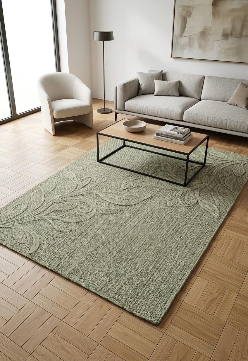 Handwoven Jute Rug with Textured Floral Border Design, Natural Fiber Rug