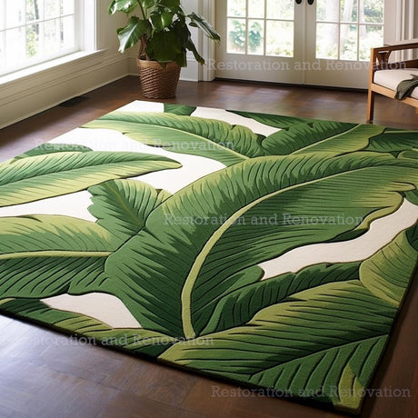 Green Banana Leaf Pattern Wool Rug – Hand-Tufted Botanical Design
