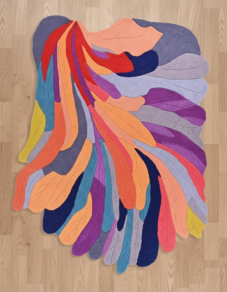 Handmade Irregular Shape Wool Rug | Unique Contemporary Colorful Botanical Design