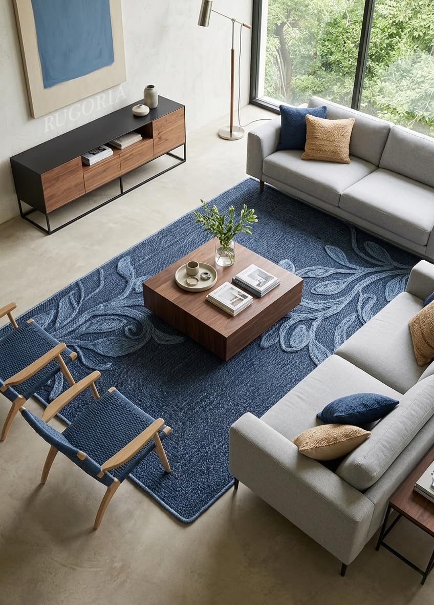 Handwoven Jute Rug with Textured Floral Border Design, Natural Fiber Rug