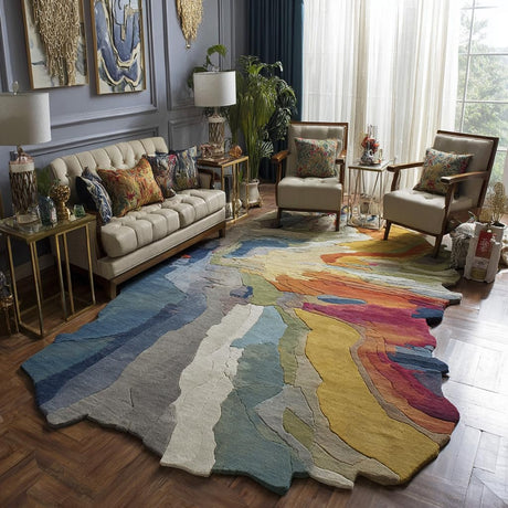 Handmade Irregular Shape Wool Area Rug – Colorful Abstract Tufted Carpet