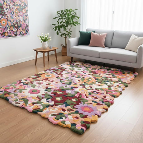 Handmade Colorful Floral Wool Area Rug - Blooming Flower Overflow Design - Unique Irregular Shape Rug | Ideal for Home Decor and Living Spaces