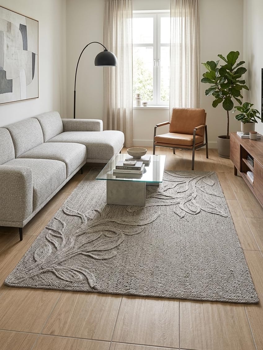 Handwoven Jute Rug with Textured Floral Border Design, Natural Fiber Rug