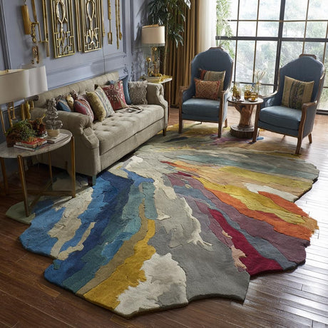 Handmade Irregular Shape Wool Area Rug – Colorful Abstract Tufted Carpet