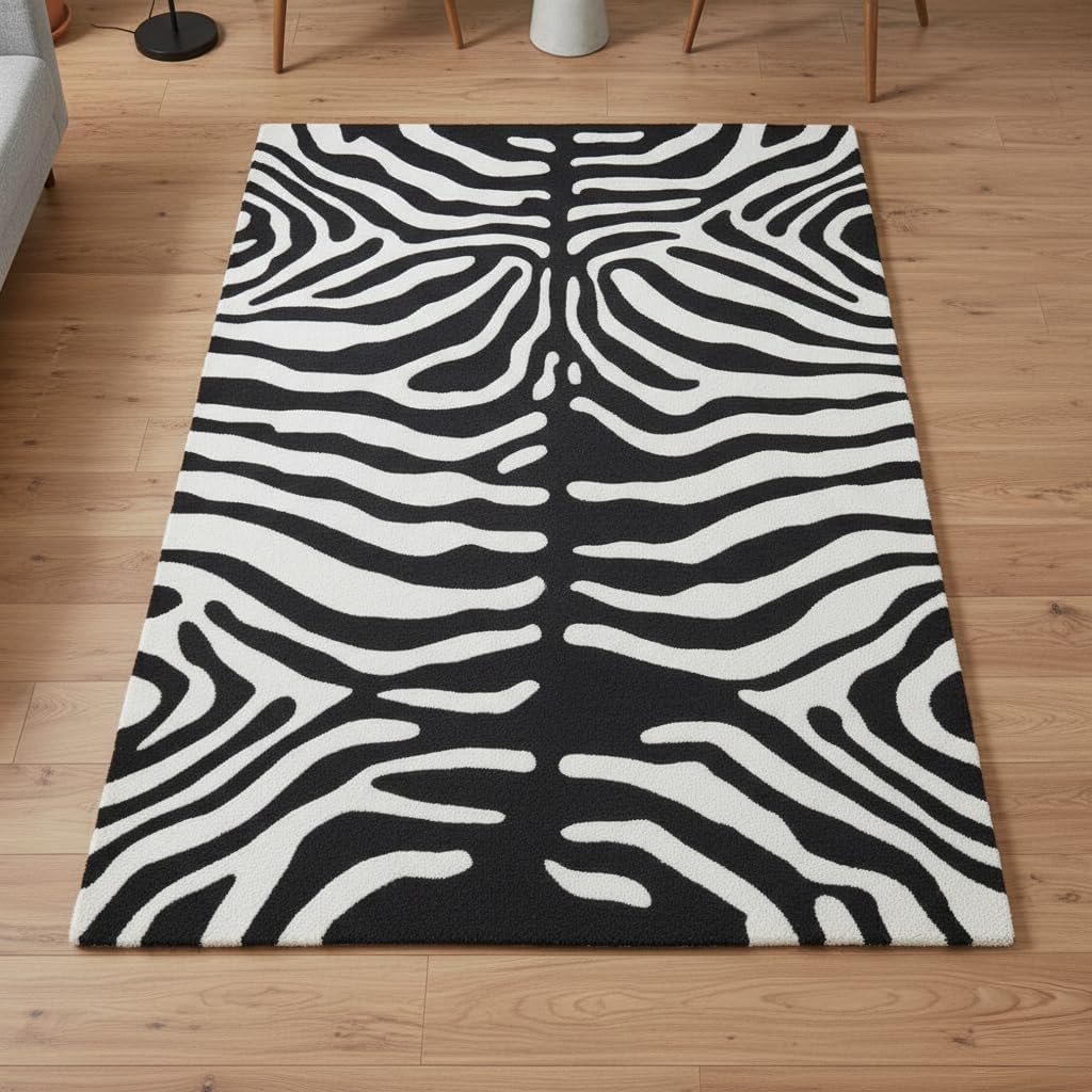 Modern Zebra Print Wool Rug in Black and White