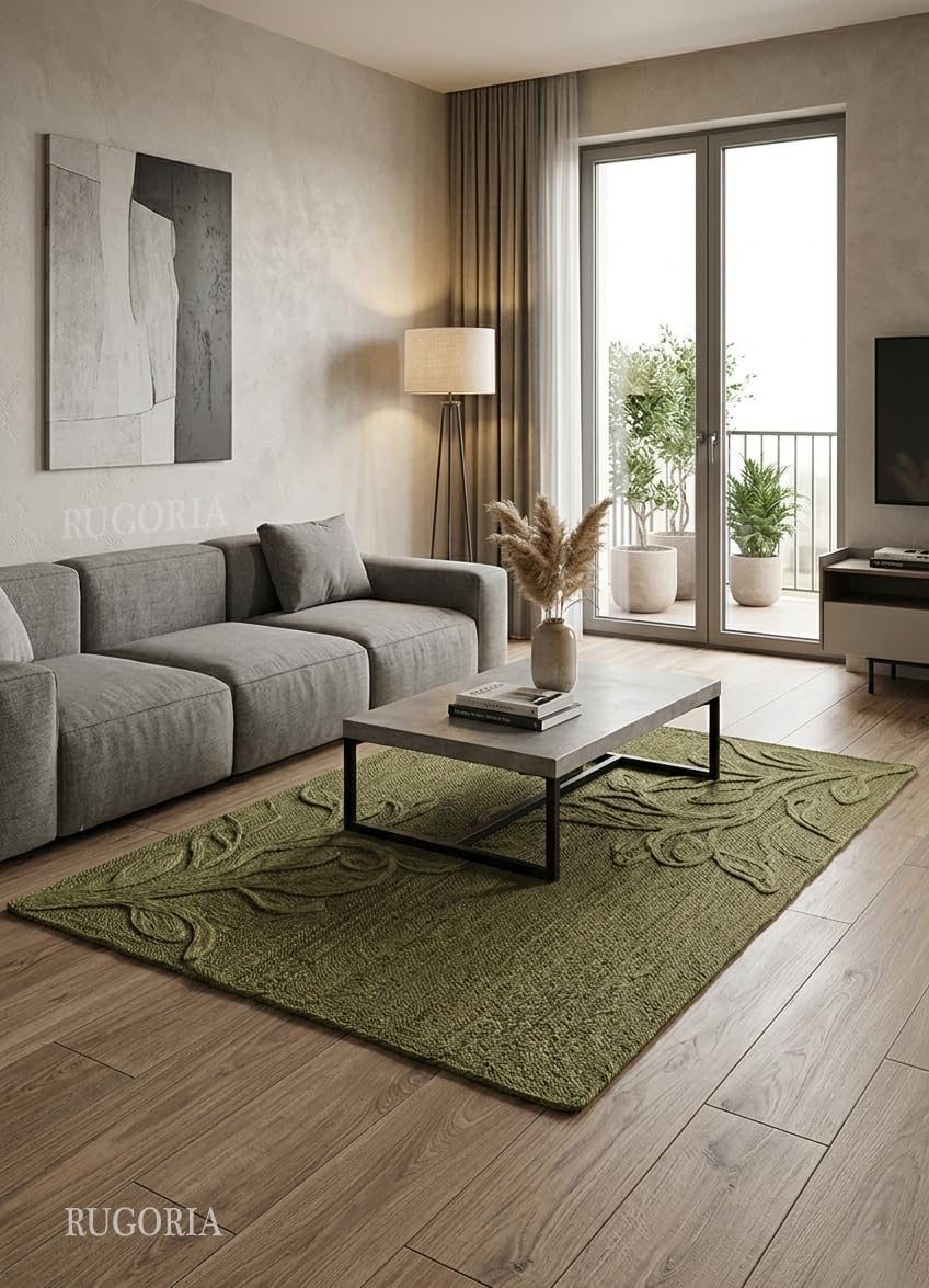 Handwoven Jute Rug with Textured Floral Border Design, Natural Fiber Rug