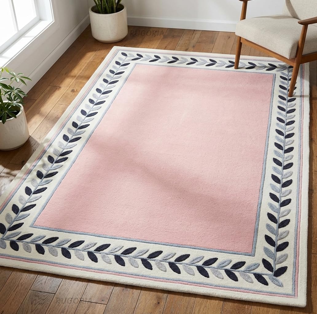 Modern Hand Tufted Wool Rug, Botanical Leaf Border Design