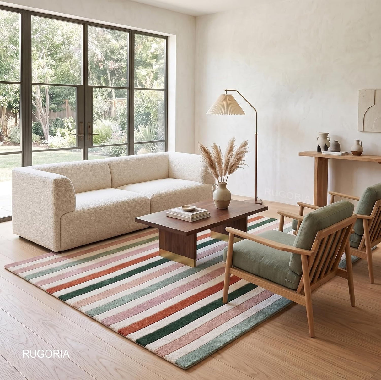 Handmade Wool Rug with Colorful Vertical Stripes Soft Hand Tufted Carpet
