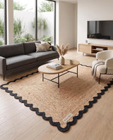 Handwoven Jute Rug with Scalloped Border, Natural Fiber Indoor Rug