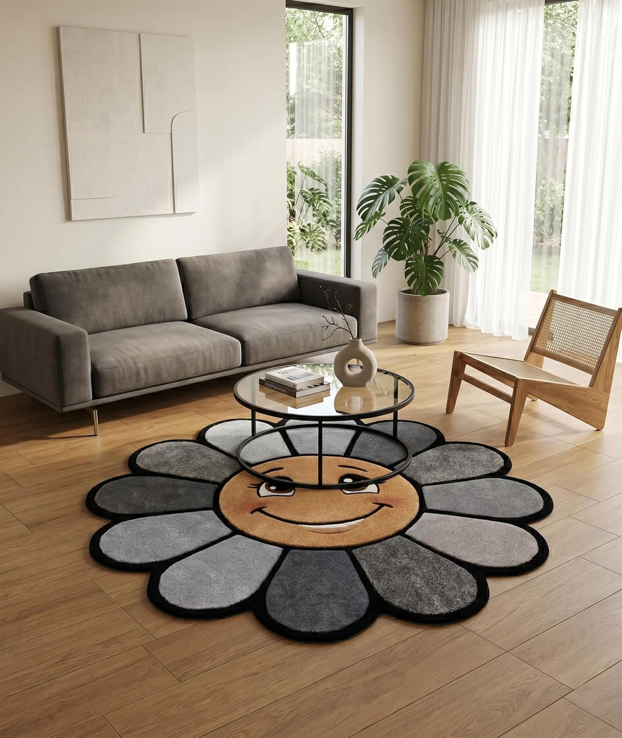 Hand Tufted Wool Area Rug Flower Shape Cartoon Face Design