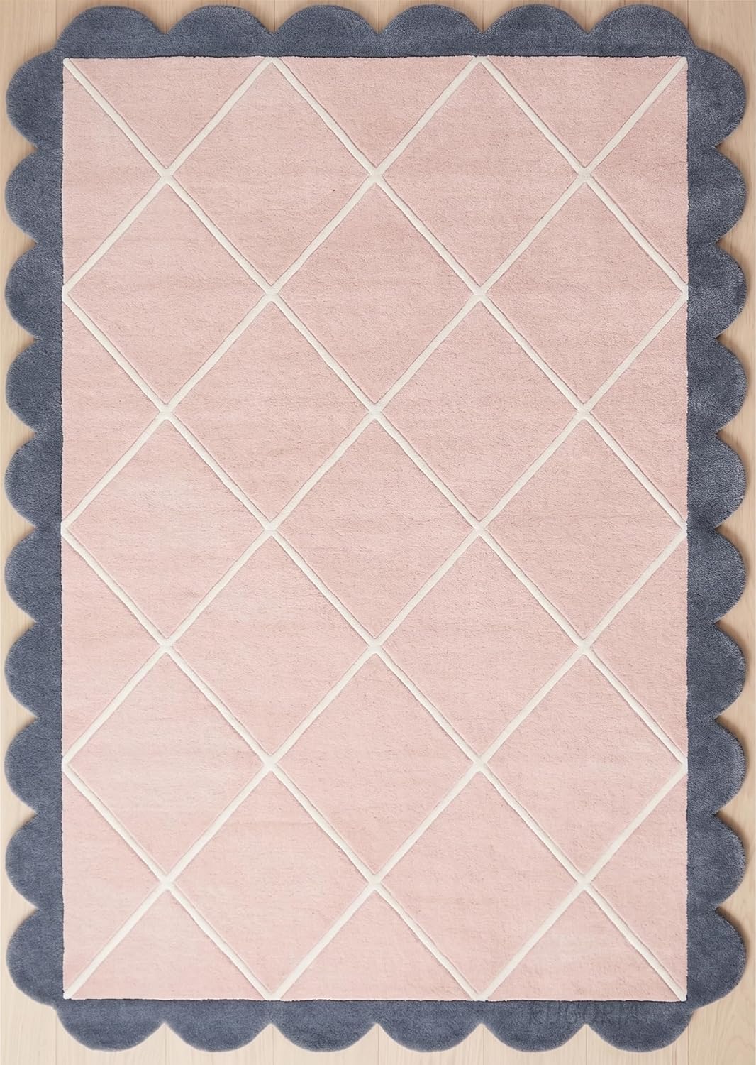 Modern Hand Tufted Wool Rug, Scalloped Border, Geometric Diamond Pattern,