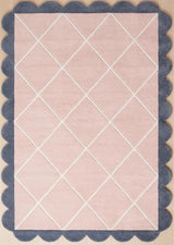 Modern Hand Tufted Wool Rug, Scalloped Border, Geometric Diamond Pattern,