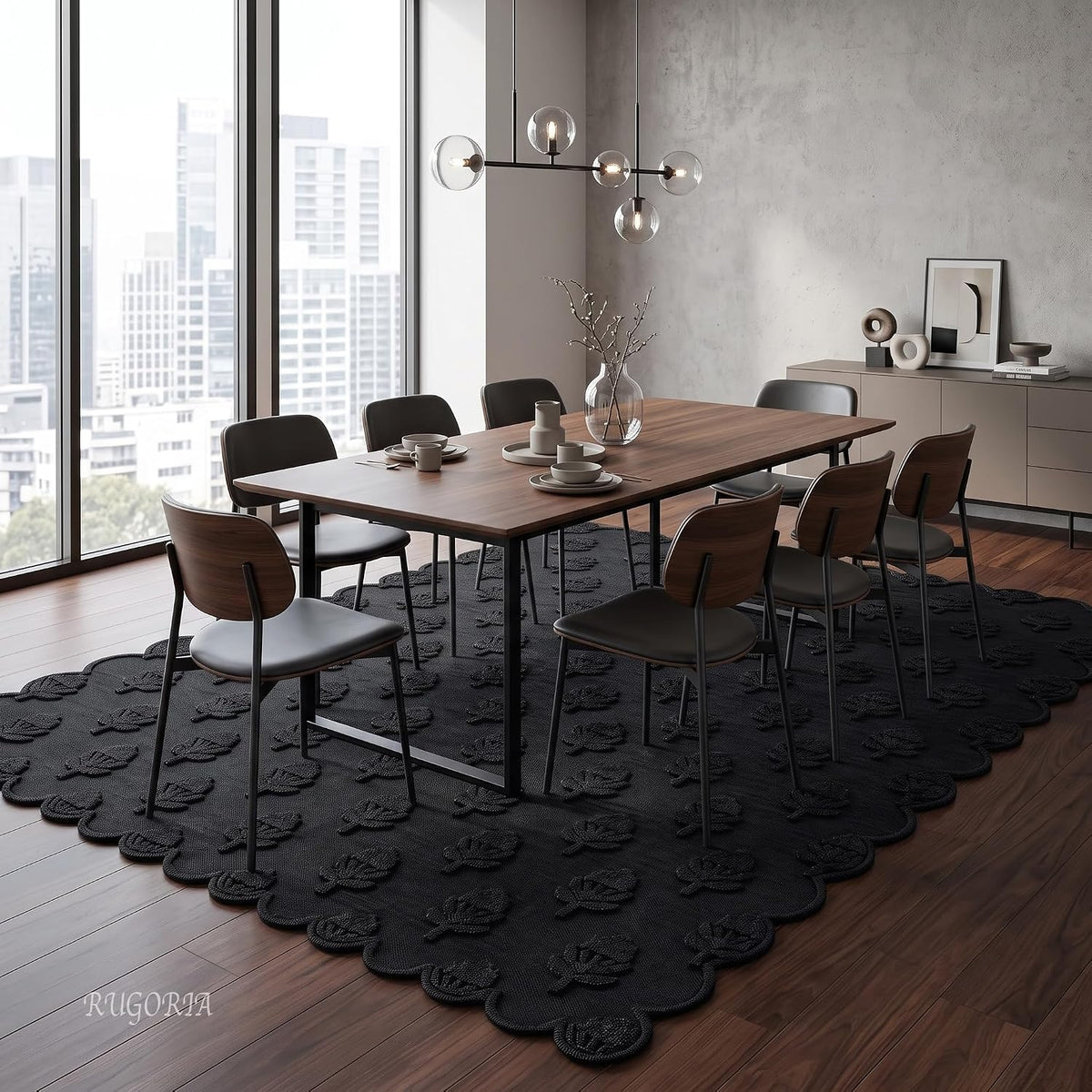Hand Tufted Wool Rug, Floral Botanical Pattern with Scalloped