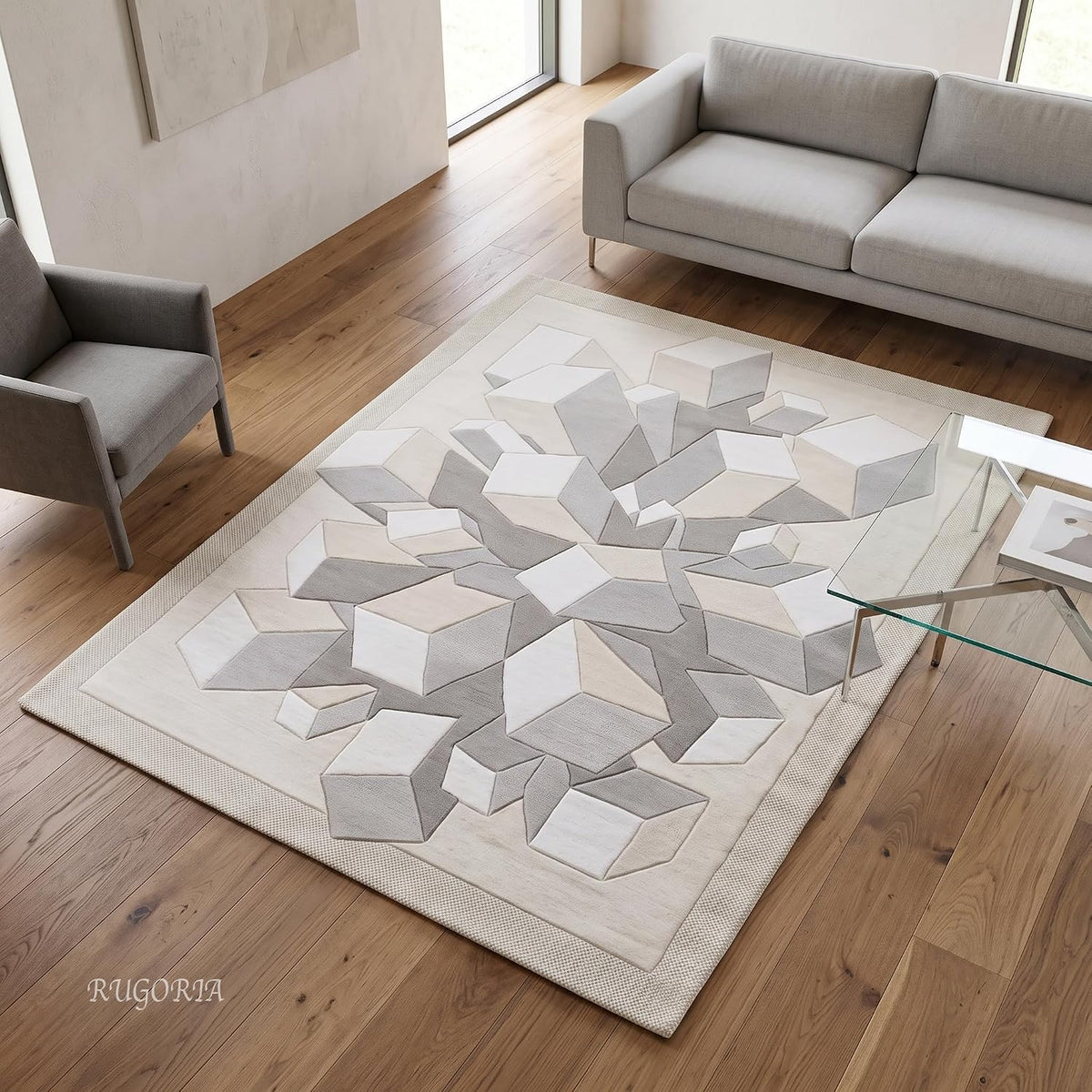 Hand-Tufted Wool Area Rug, 3D Cube Design
