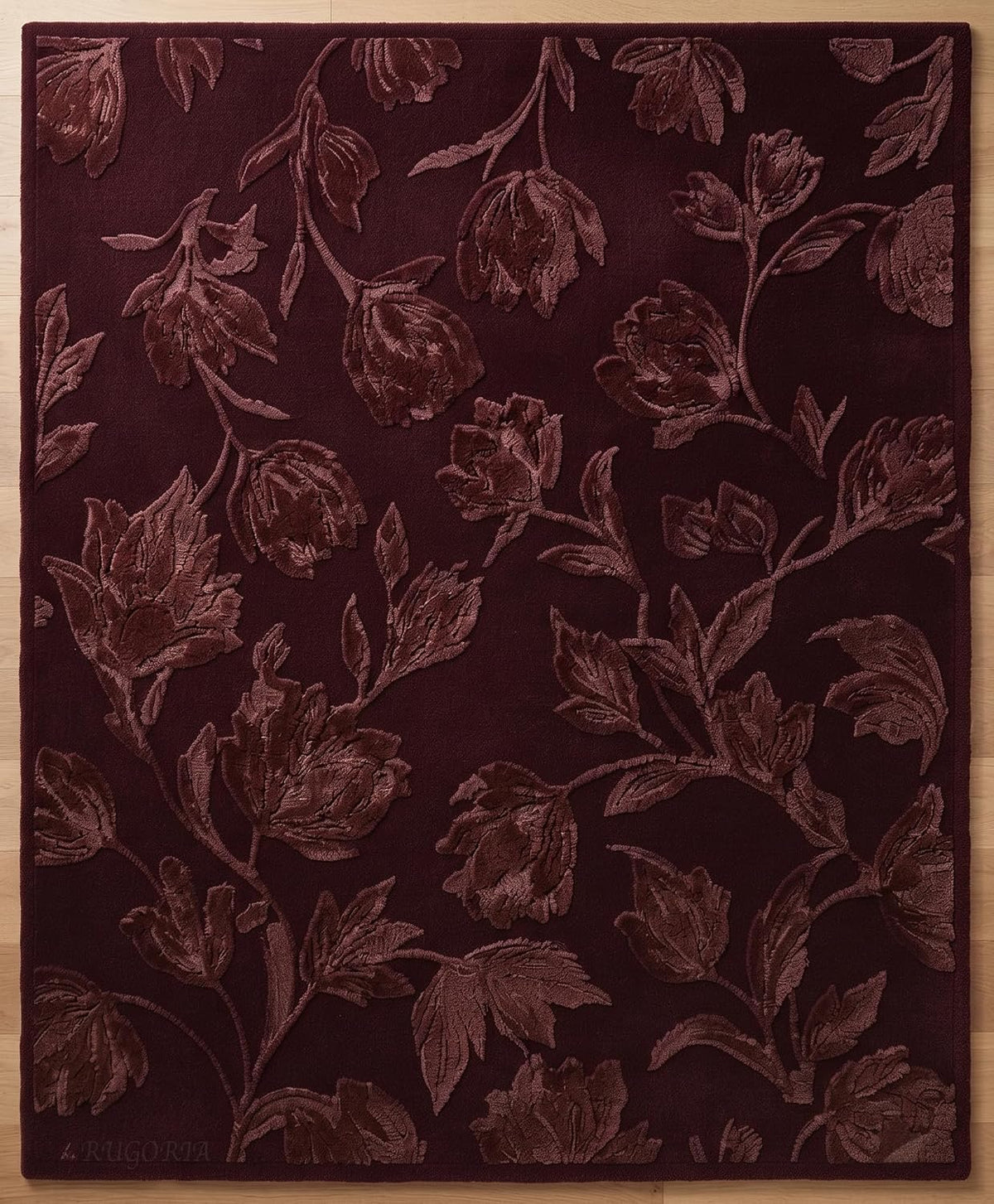 Hand Tufted Floral Wool Area Rug, Raised Botanical Carved Design