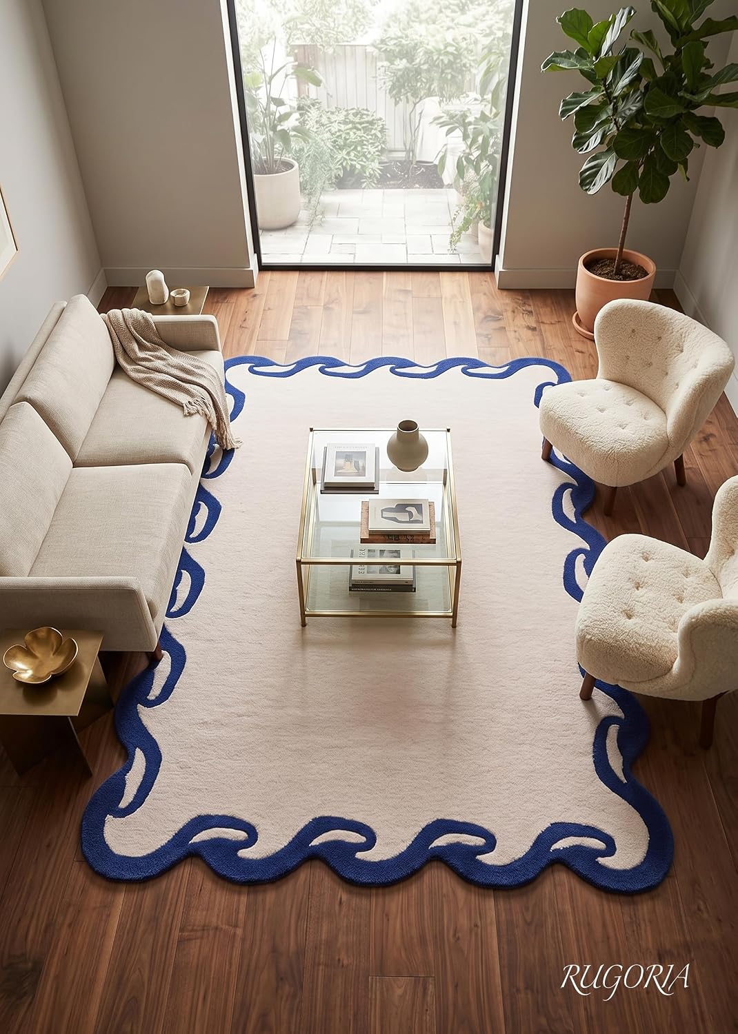 Hand-Tufted Wool Area Rug Scalloped Wave Border,