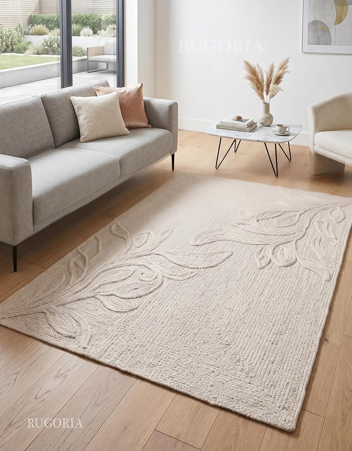 Handwoven Jute Rug with Textured Floral Border Design, Natural Fiber Rug