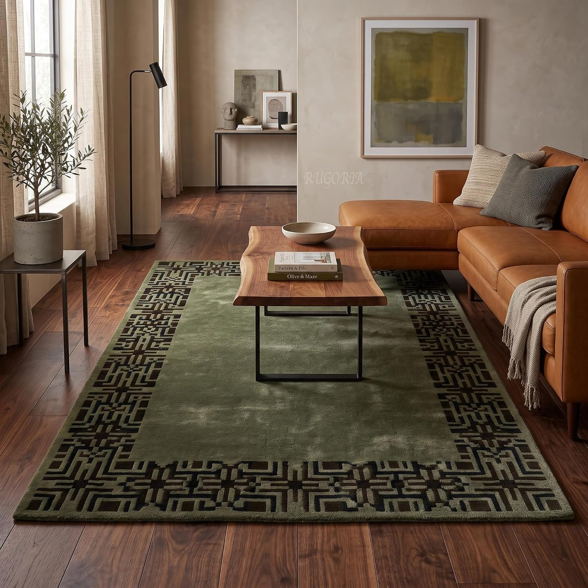 Hand-Tufted Wool Area Rug, Geometric Border,