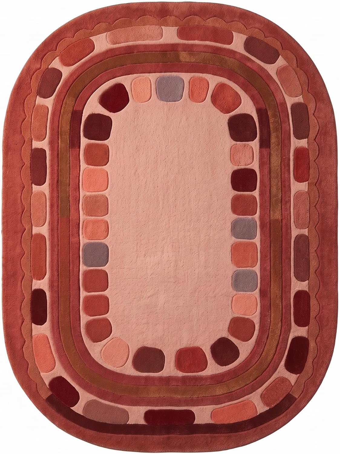 Hand Tufted Wool Rug, Rounded Rectangle Geometric Border Design,