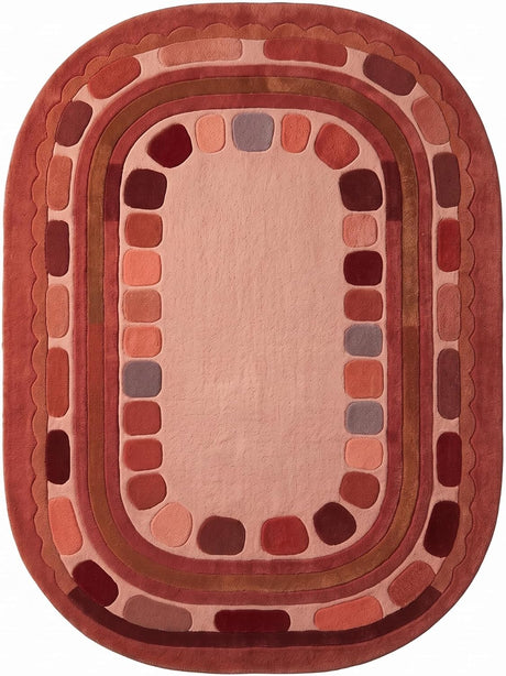 Hand Tufted Wool Rug, Rounded Rectangle Geometric Border Design,