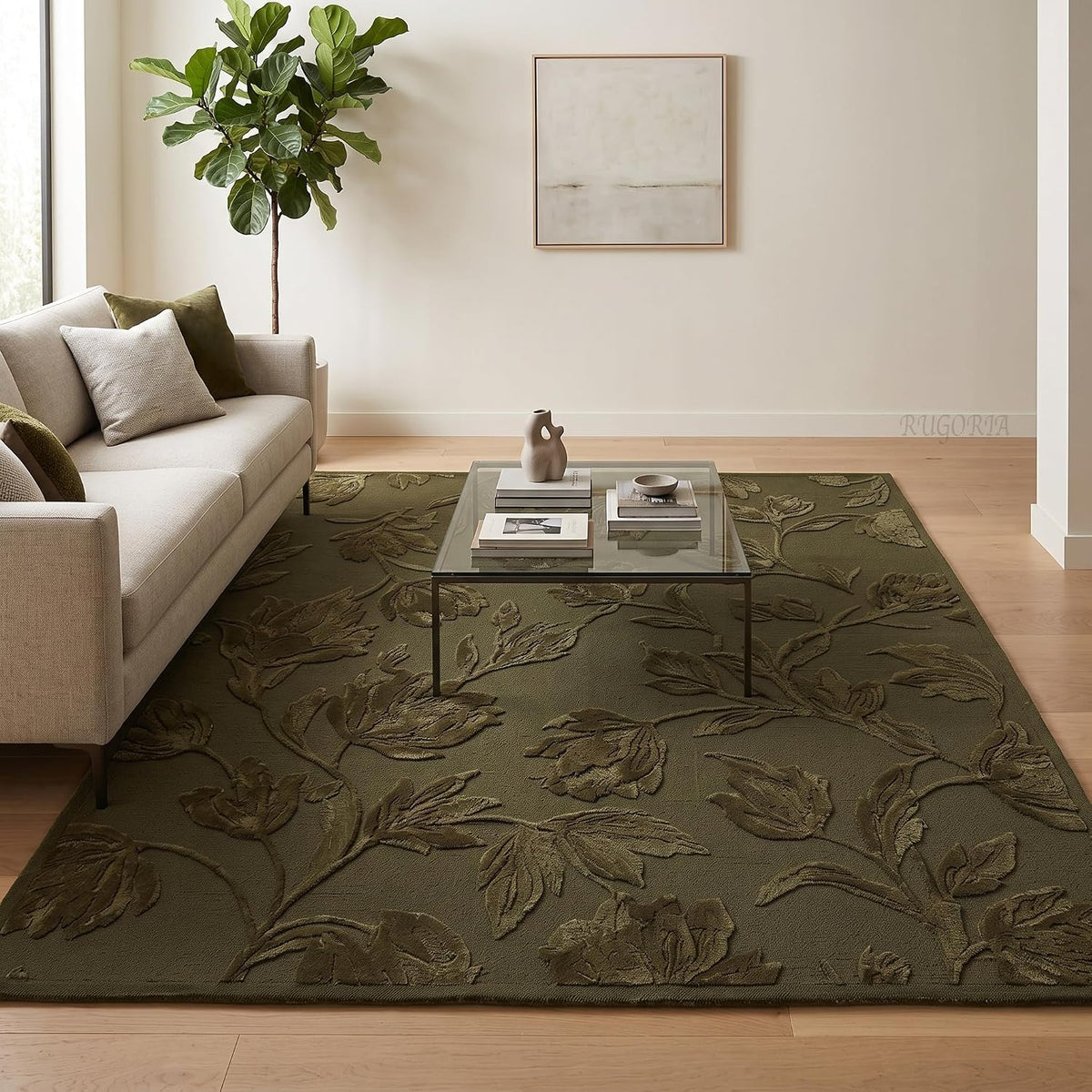 Hand Tufted Floral Wool Area Rug, Raised Botanical Carved Design