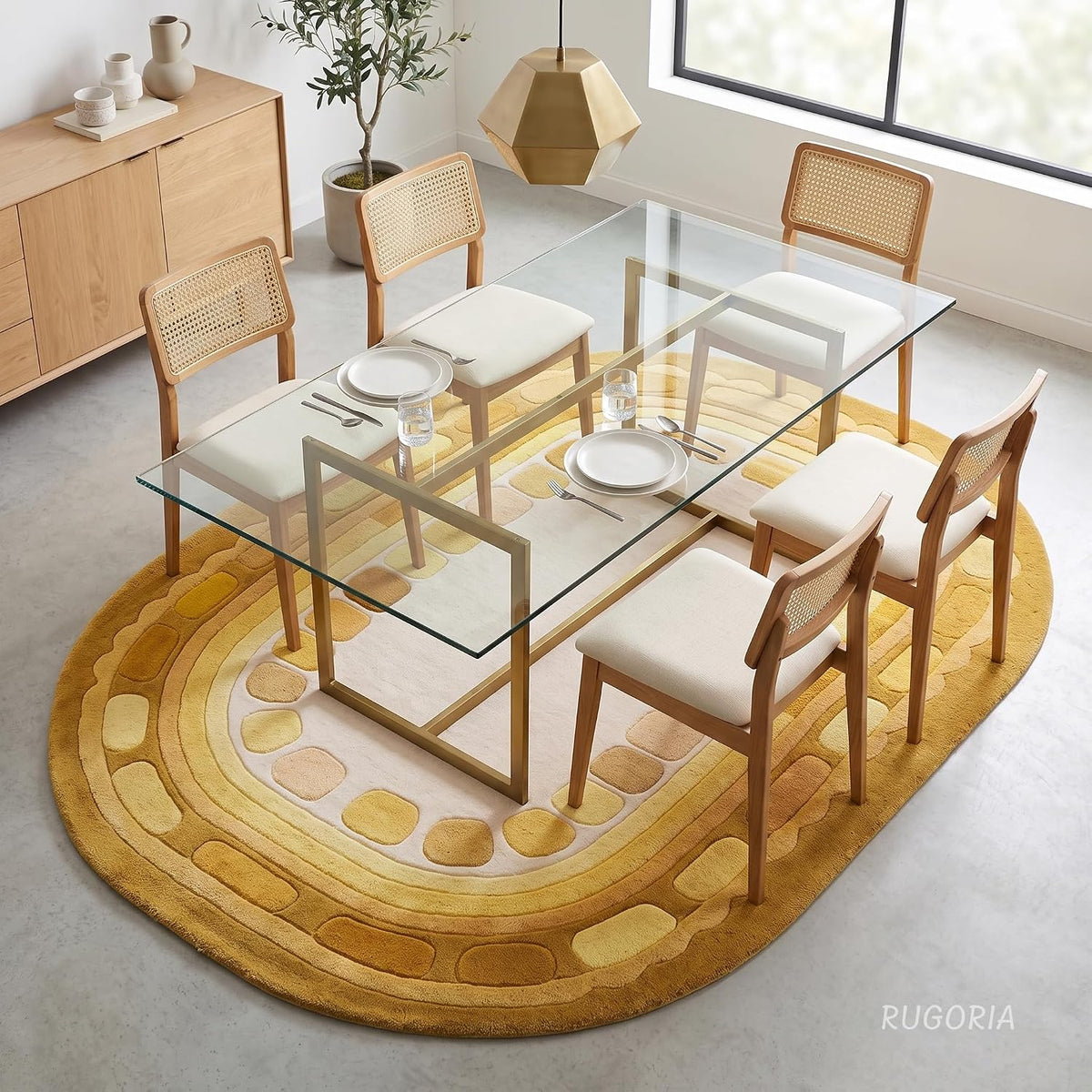 Hand Tufted Wool Rug, Rounded Rectangle Geometric Border Design,