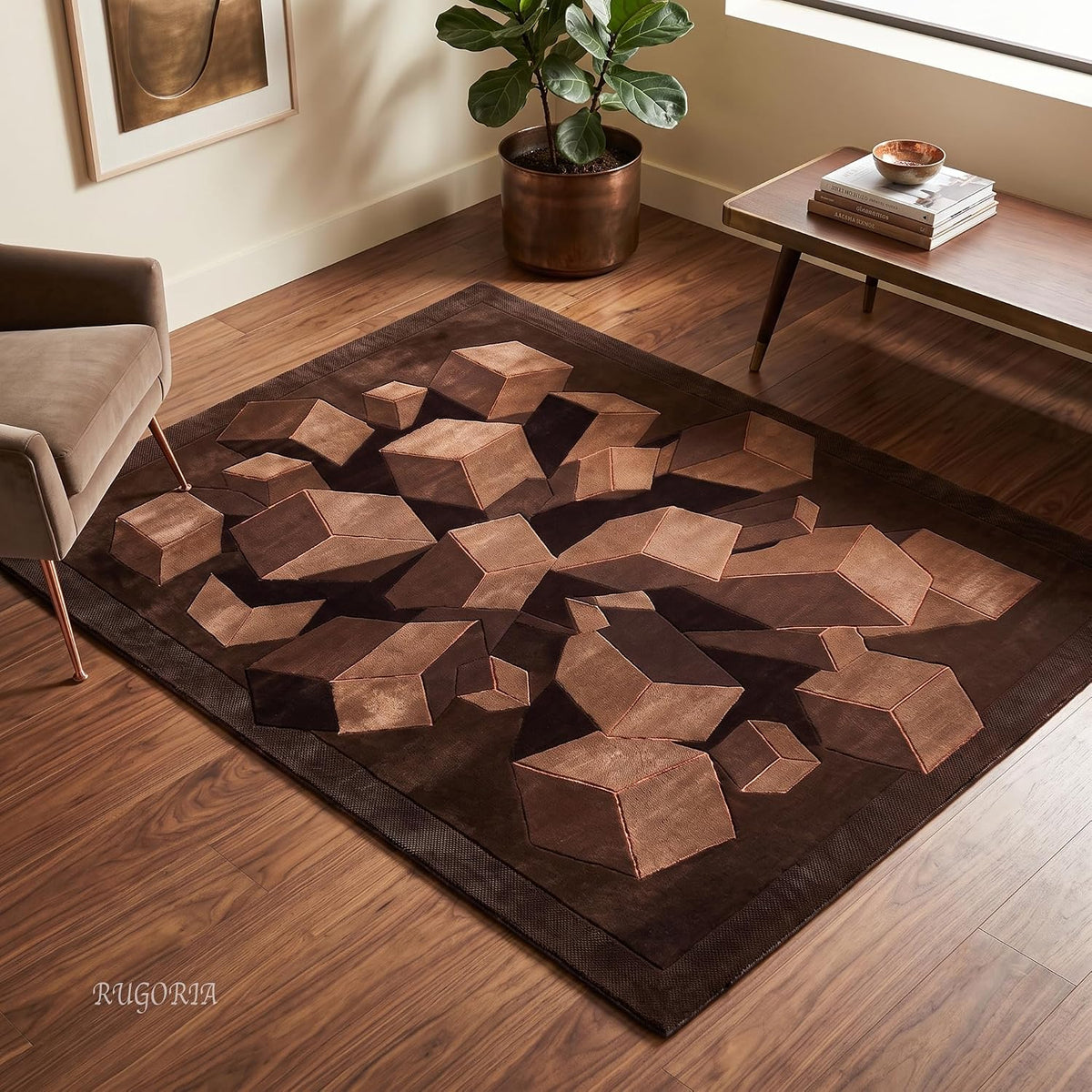 Hand-Tufted Wool Area Rug, 3D Cube Design
