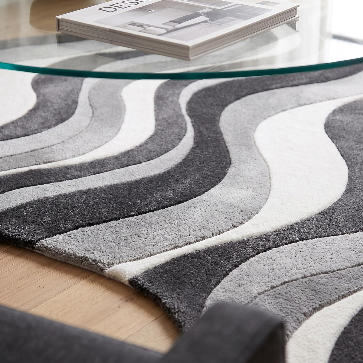 Modern Hand Tufted Wool Area Rug, Abstract Wave Striped Pattern,