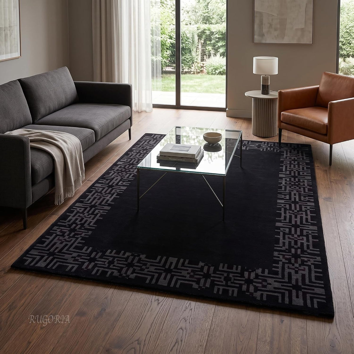 Hand-Tufted Wool Area Rug, Geometric Border,
