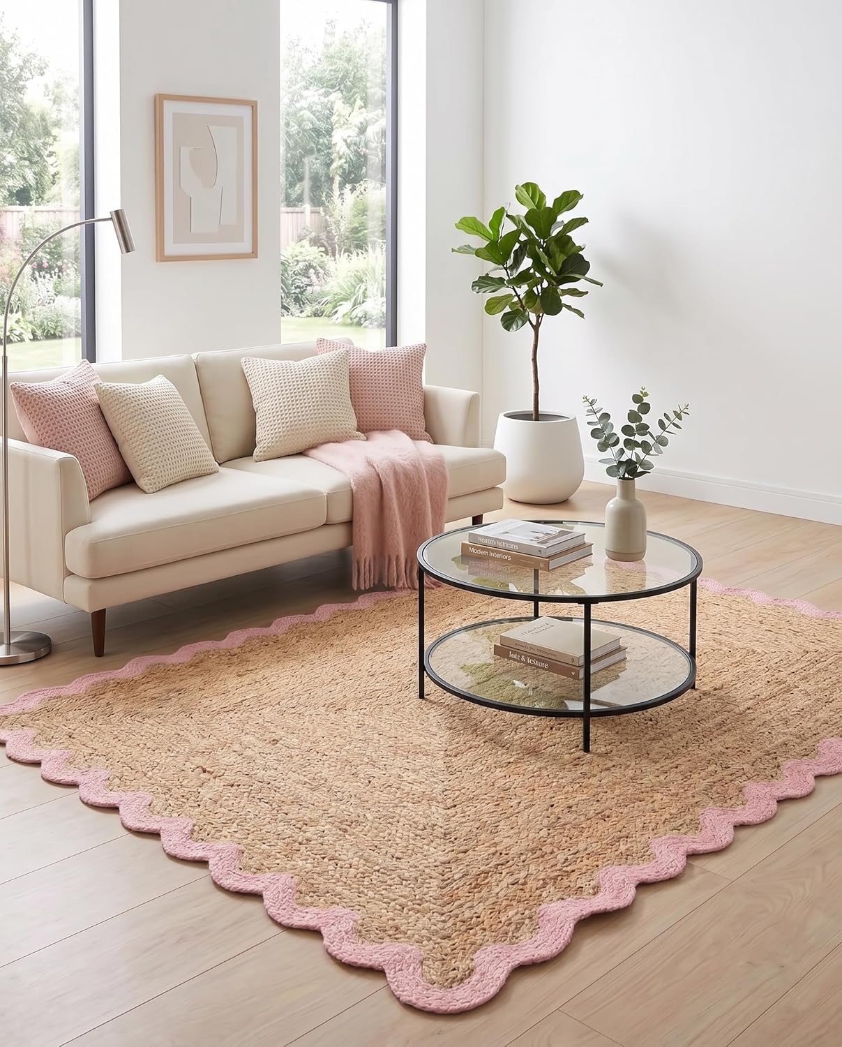 Handwoven Jute Rug with Scalloped Border, Natural Fiber Indoor Rug