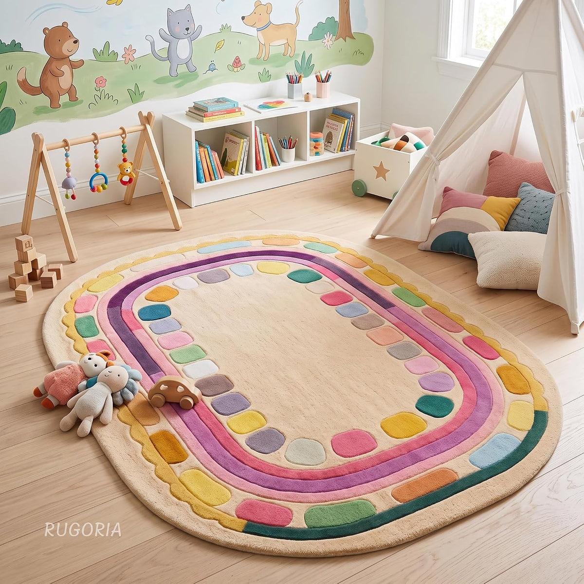 Hand Tufted Wool Rug, Rounded Rectangle Geometric Border Design,