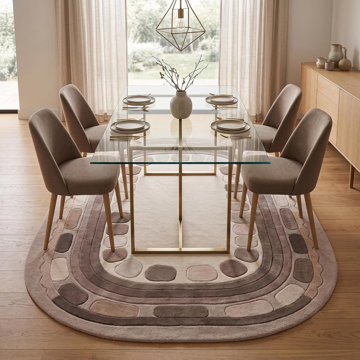 Hand Tufted Wool Rug, Rounded Rectangle Geometric Border Design,
