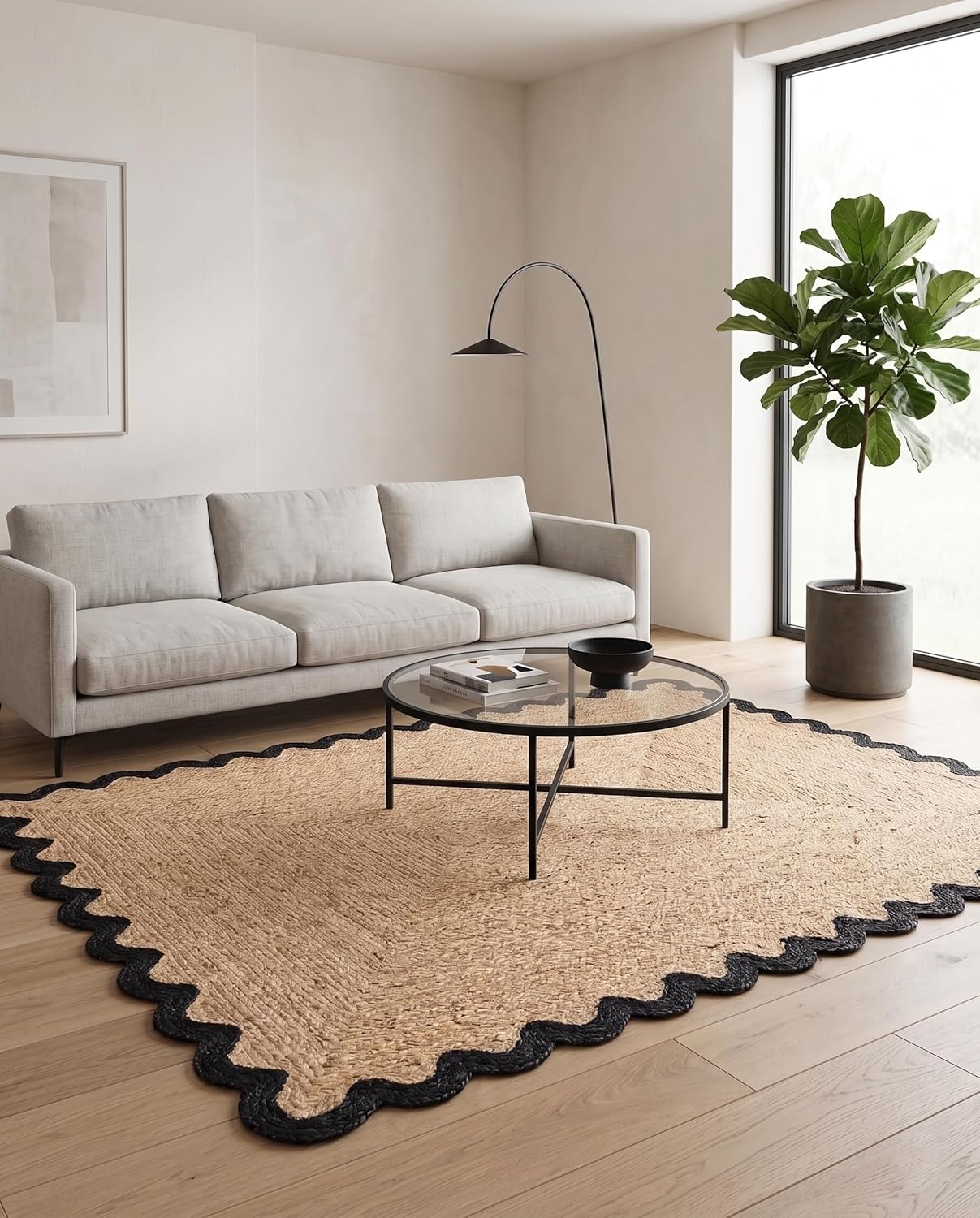 Handwoven Jute Rug with Scalloped Border, Natural Fiber Indoor Rug