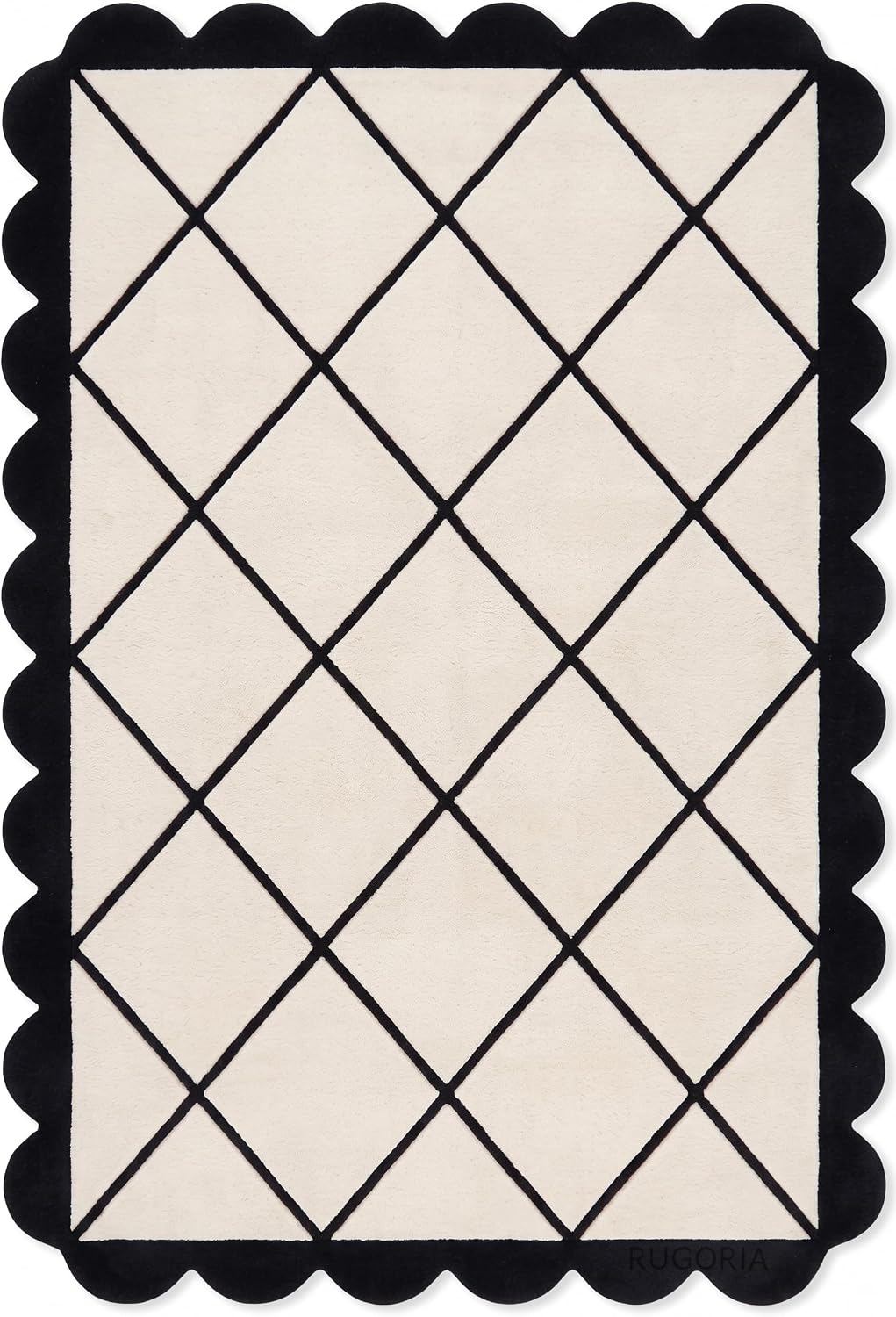 Modern Hand Tufted Wool Rug, Scalloped Border, Geometric Diamond Pattern,