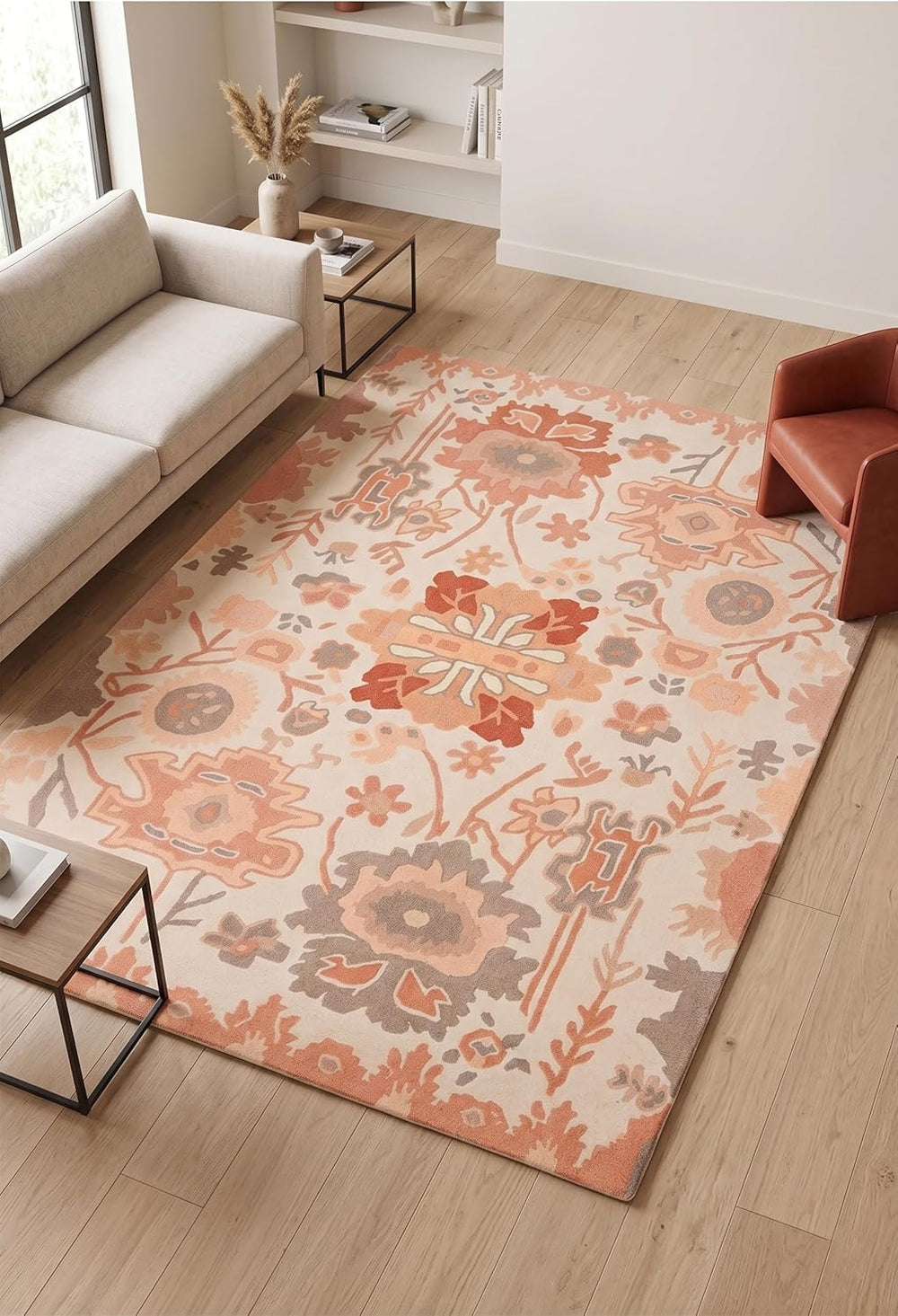 Handmade Oushak Wool Area Rug – Featuring Floral and Botanical Patterns in Soft Tones