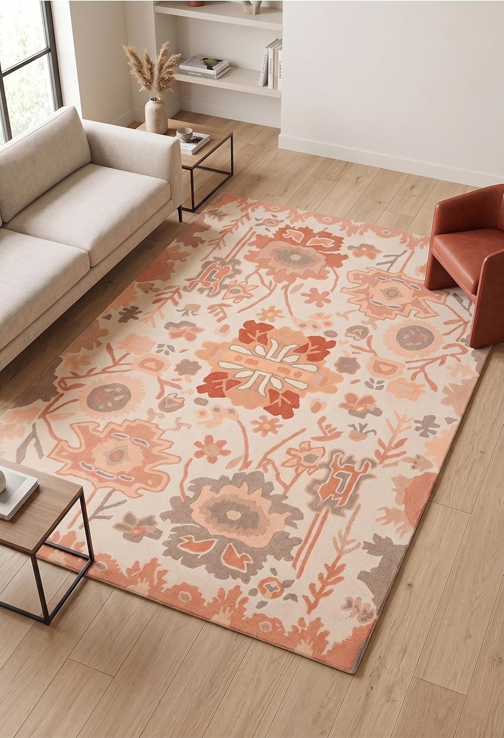 Handmade Oushak Wool Area Rug – Featuring Floral and Botanical Patterns in Soft Tones