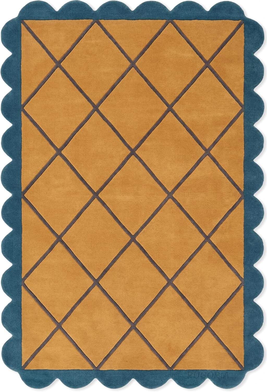 Modern Hand Tufted Wool Rug, Scalloped Border, Geometric Diamond Pattern,