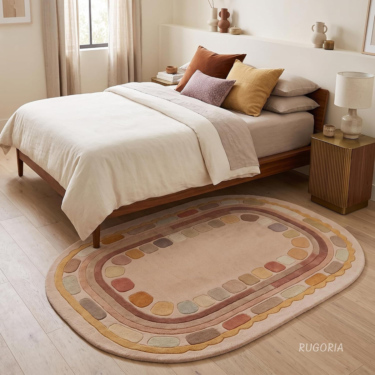 Hand Tufted Wool Rug, Rounded Rectangle Geometric Border Design,