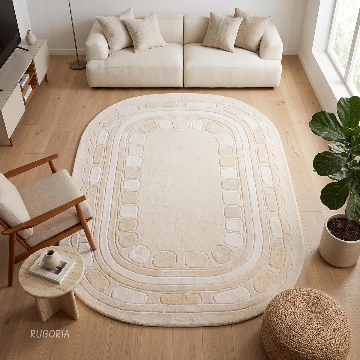 Hand Tufted Wool Rug, Rounded Rectangle Geometric Border Design,
