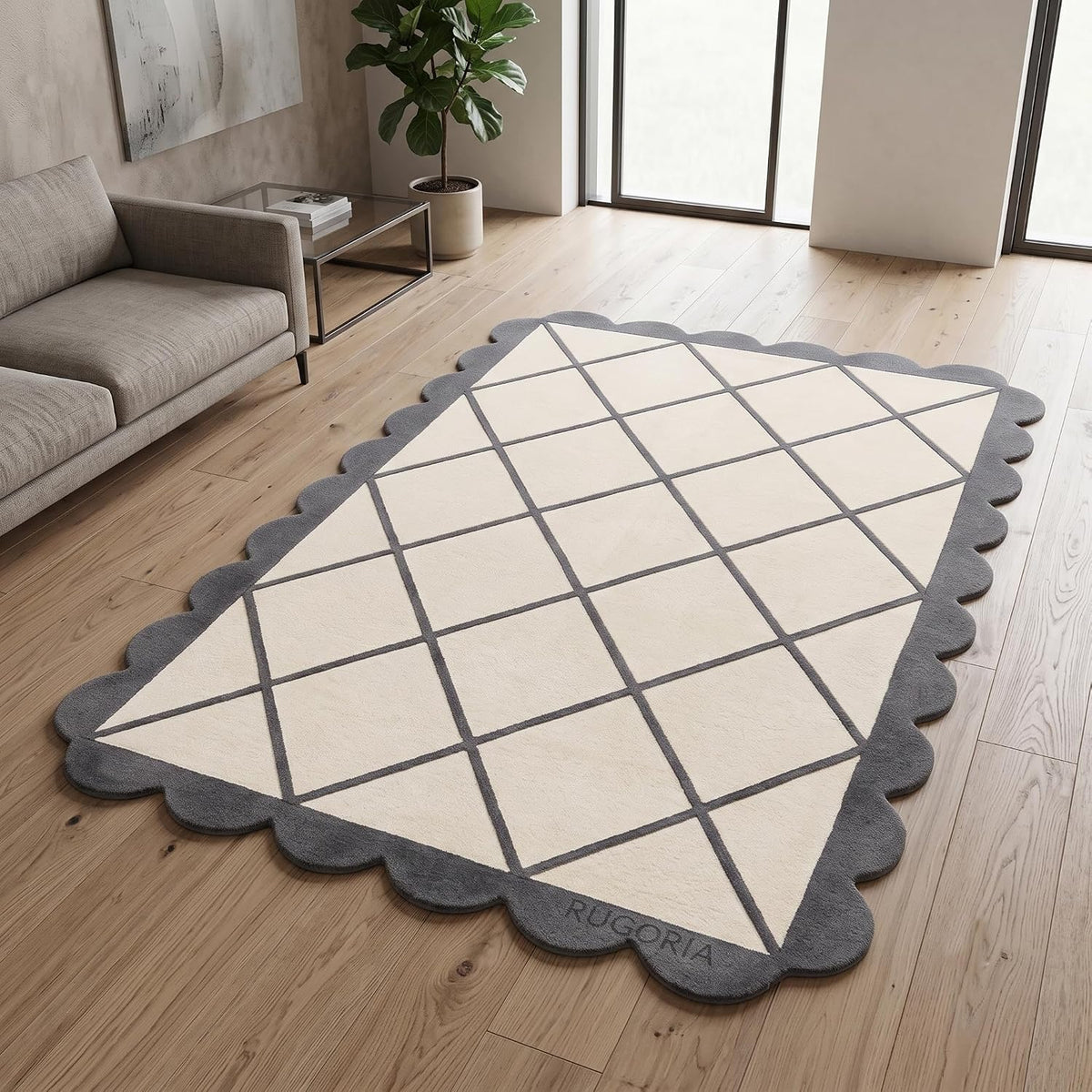 Modern Hand Tufted Wool Rug, Scalloped Border, Geometric Diamond Pattern,