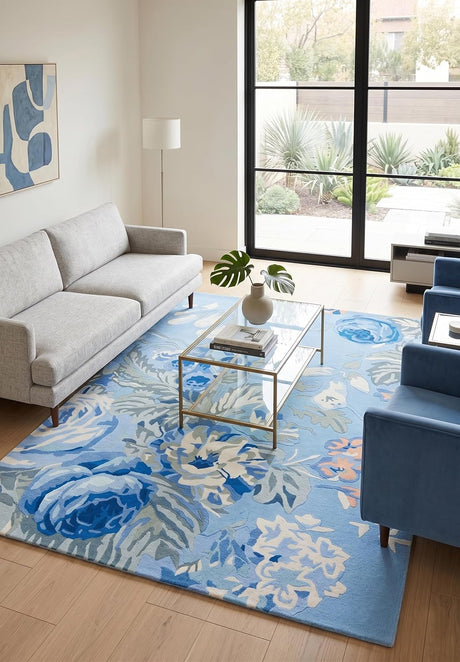 Modern Rose Floral Wool Rug | Colorful Garden Flower Design Carpet