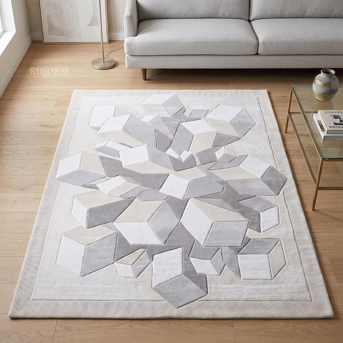 Hand-Tufted Wool Area Rug, 3D Cube Design
