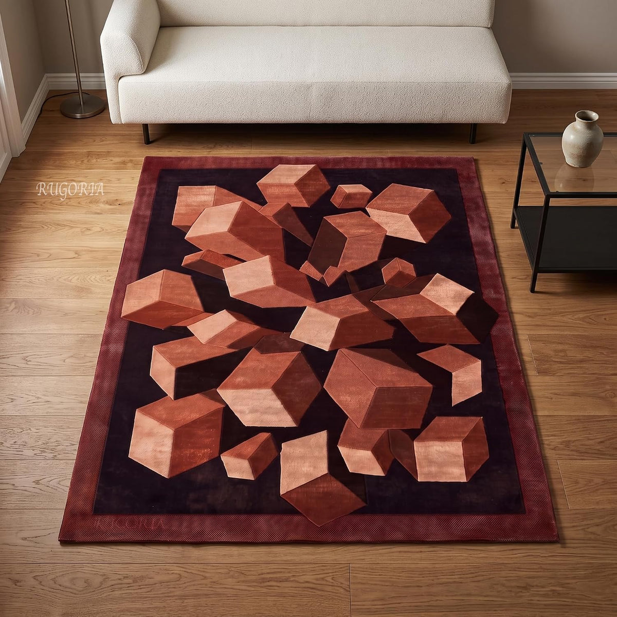 Hand-Tufted Wool Area Rug, 3D Cube Design