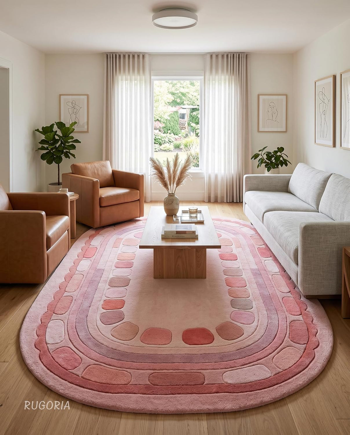 Hand Tufted Wool Rug, Rounded Rectangle Geometric Border Design,