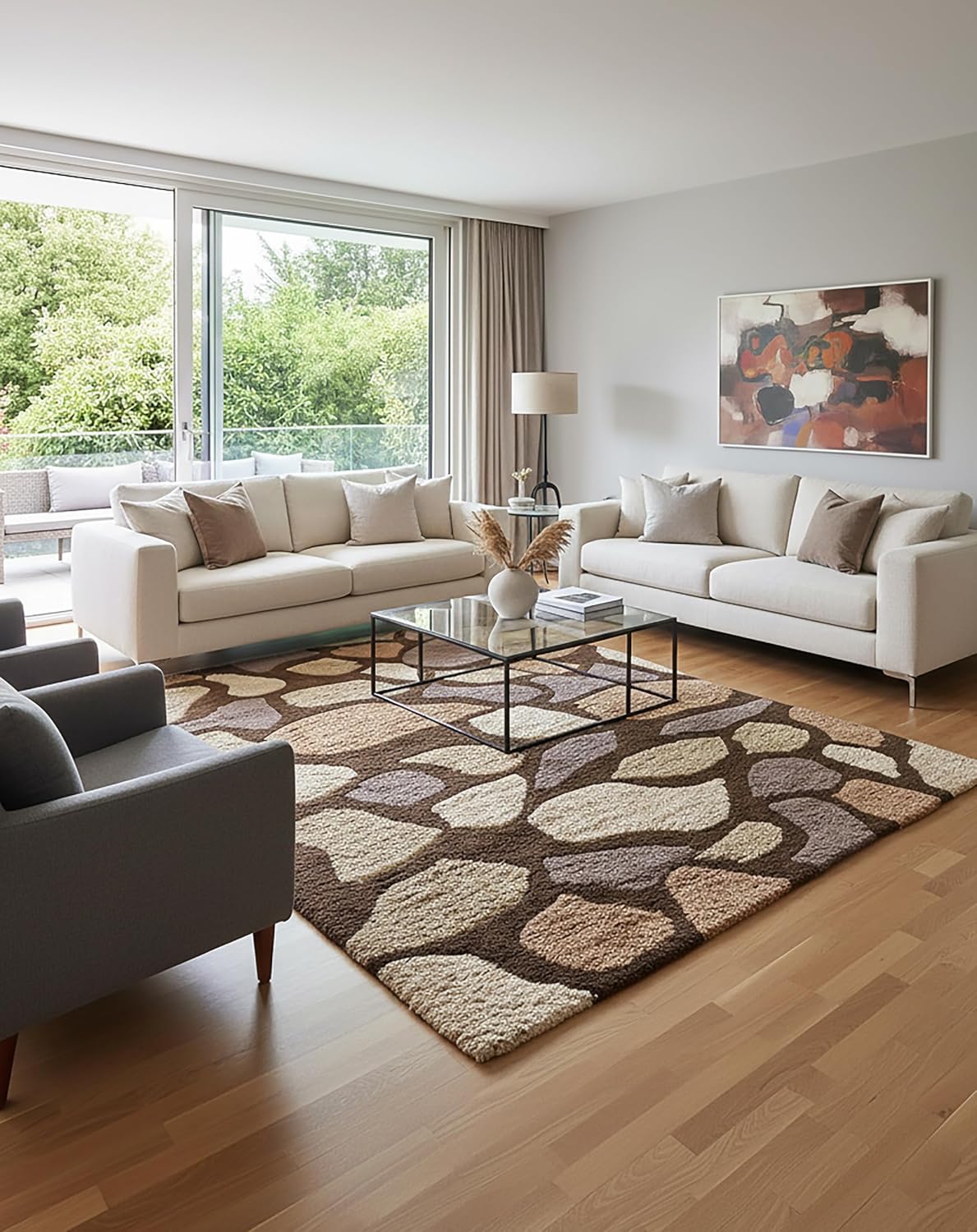 Abstract Geometric Wool Rug – Pebble Stone Pattern | Hand-Crafted Soft Washable Carpet