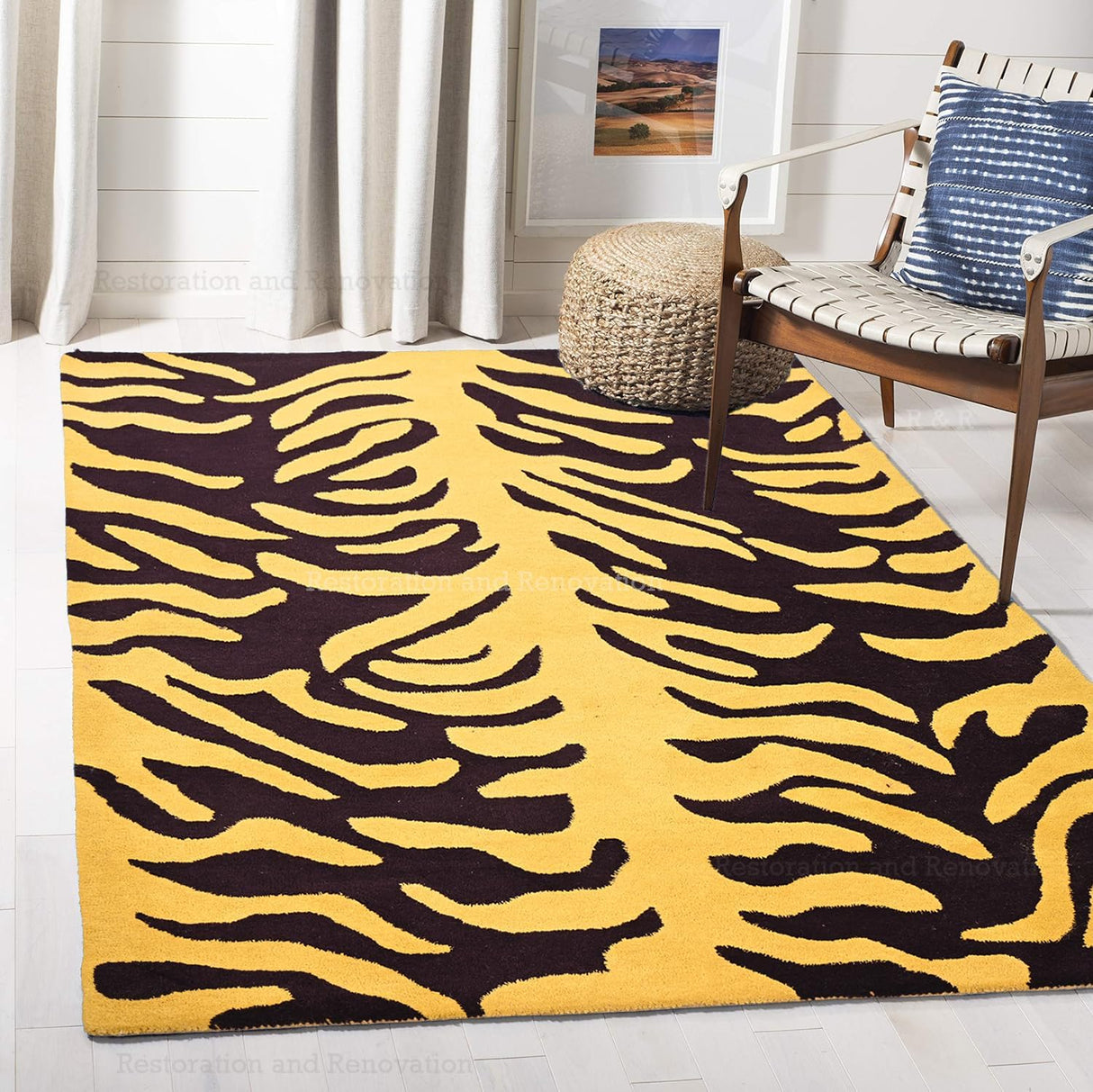 Modern Zebra Print Wool Rug in Black and White