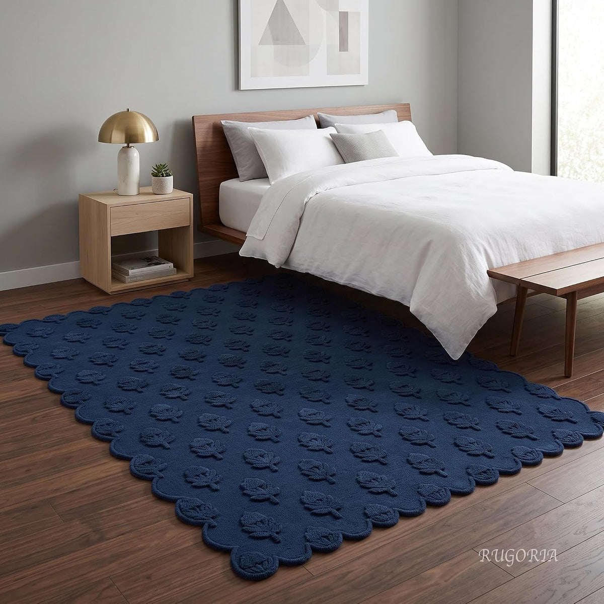 Hand Tufted Wool Rug, Floral Botanical Pattern with Scalloped